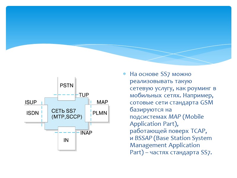 На основе SS7 можно реализовывать такую сетевую услугу, как роуминг в мобиль­ных сетях. Например,